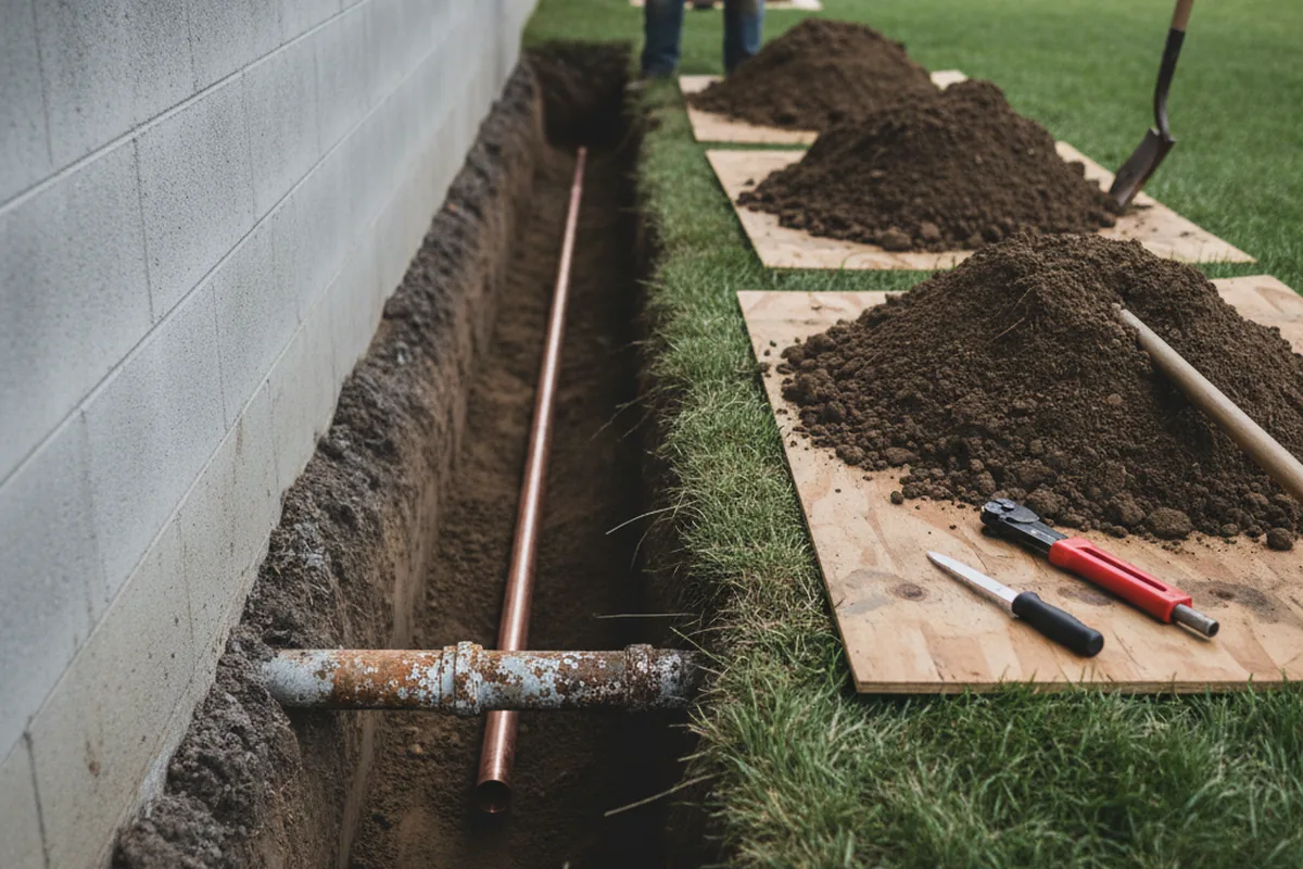 Excavated water line trench during Water Softener Installation in Williams